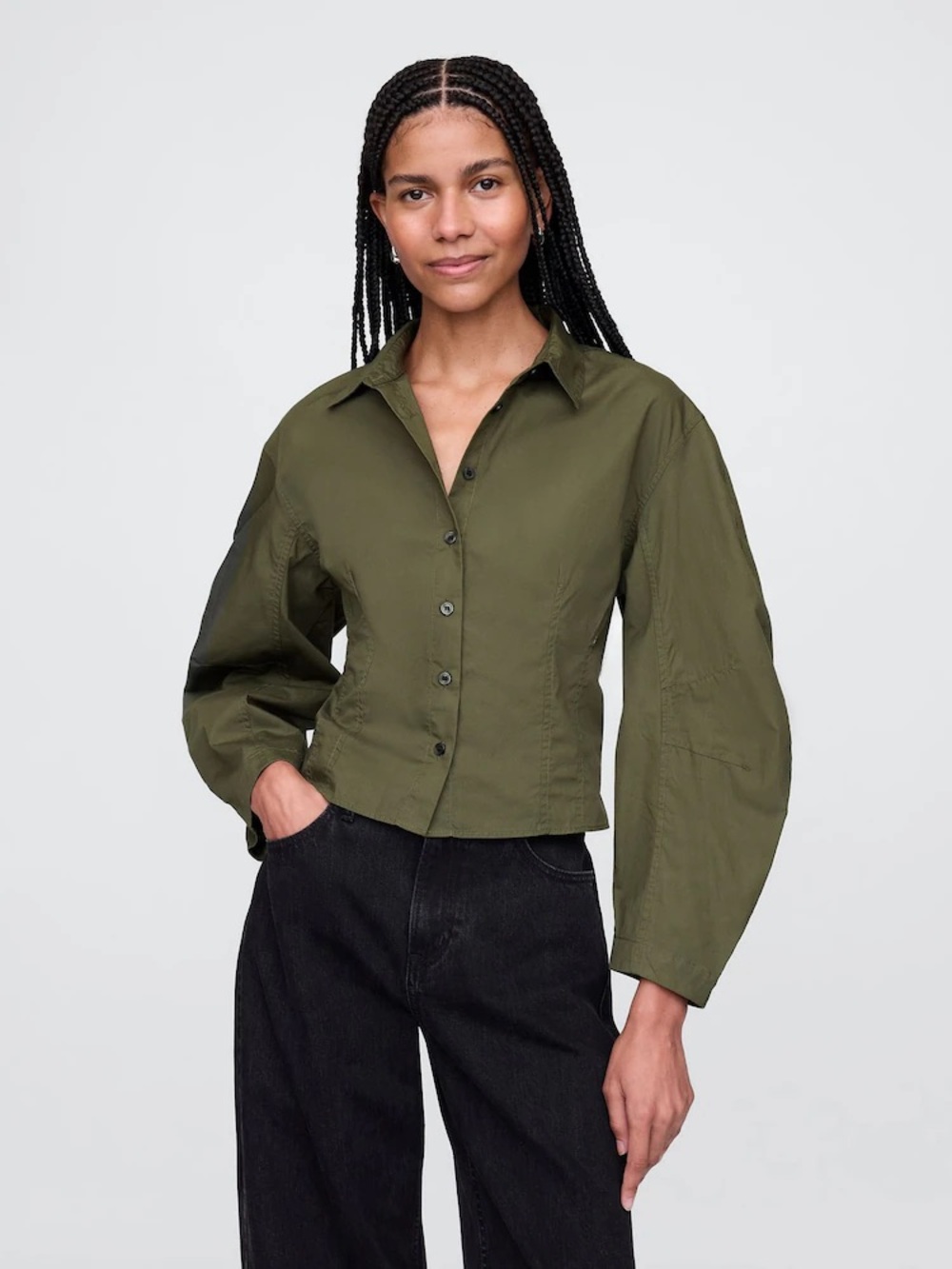 100% Organic Cotton Gap Green Poplin Barrel Sleeve Cropped Button Up